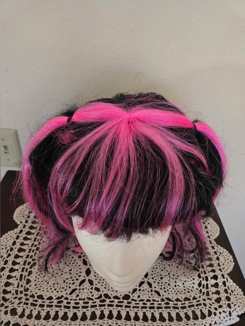 Vibrant Pink and Black Layered Wig with Bangs